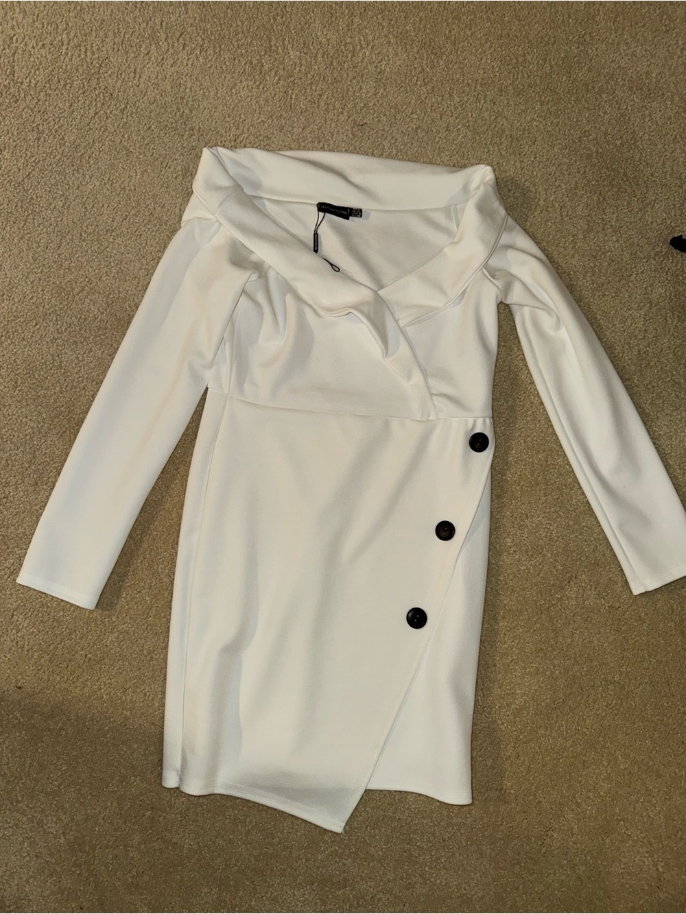 PrettyLittleThing White Off-Shoulder Long Sleeve Button Wrap Dress